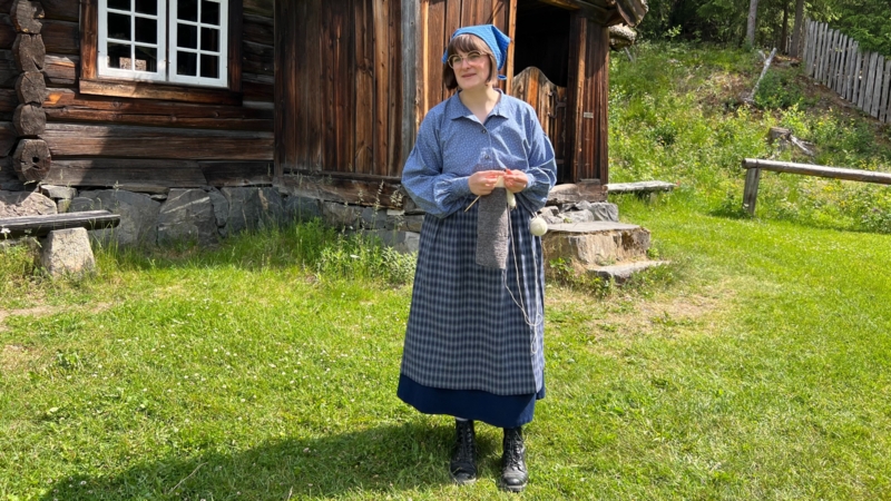 Dame går og strikker