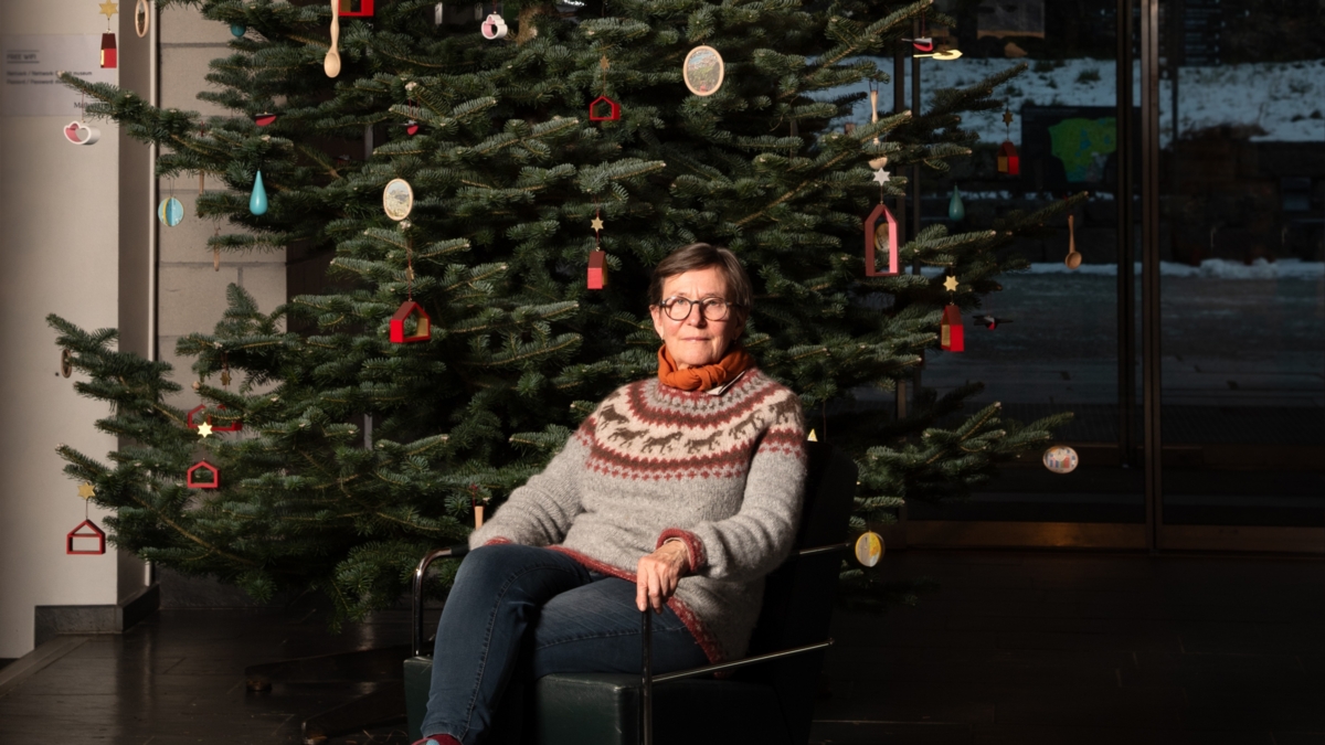 Maihaugens juletre 2024, pyntet av Liv Bl&aring;varp. Foto: Camilla Damg&aring;rd / Maihaugen

