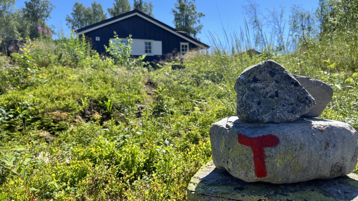 Varde med rødmalt T foran hytta Gråhøgdbu på Maihaugen.