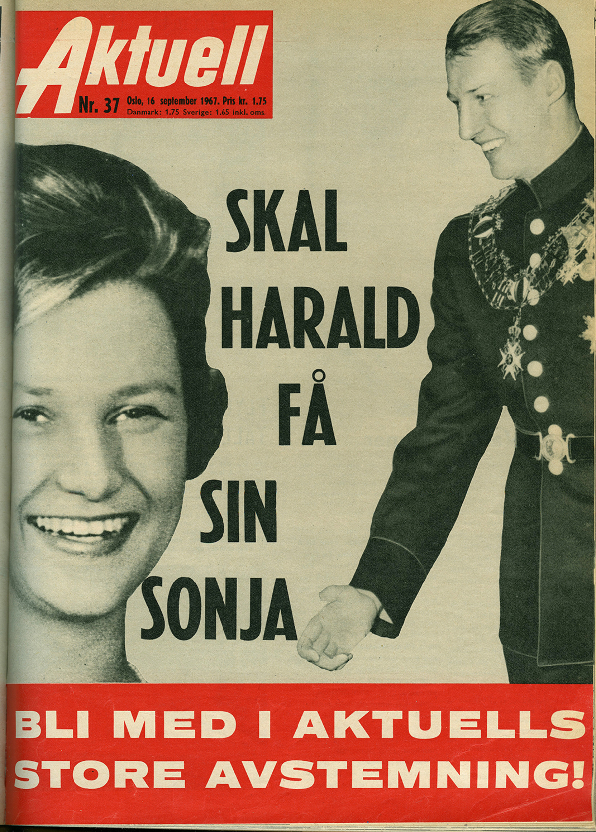 Ukeblad med bilde av Sonja Haraldsen og Kronprins Harald med tittelen "Skal Harald få sin Sonja" og undertittel "Bli med i Aktuells store avstemning!".